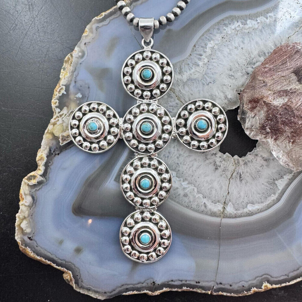 Sterling Silver Southwestern Style Turquoise Large Decorated Uni Cross Pendant